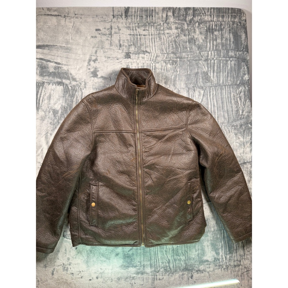 Alfani Jacket Mens L Brown Faux Leather Sherpa Lined Full Zip Bomber Moto Coat